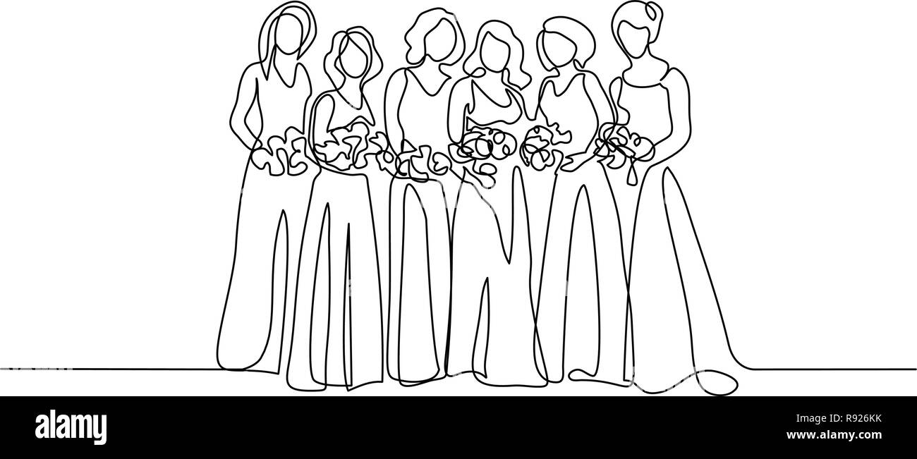 Kontinuierliche eine Linie zeichnen. Freunde der verlobte Frauen stehen mit Blumen. Vector Illustration Stock Vektor