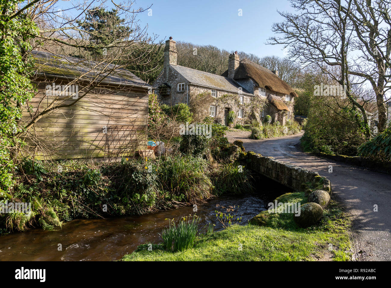 Wenig Reetdachhaus Penberth cove West Cornwall Stockfoto