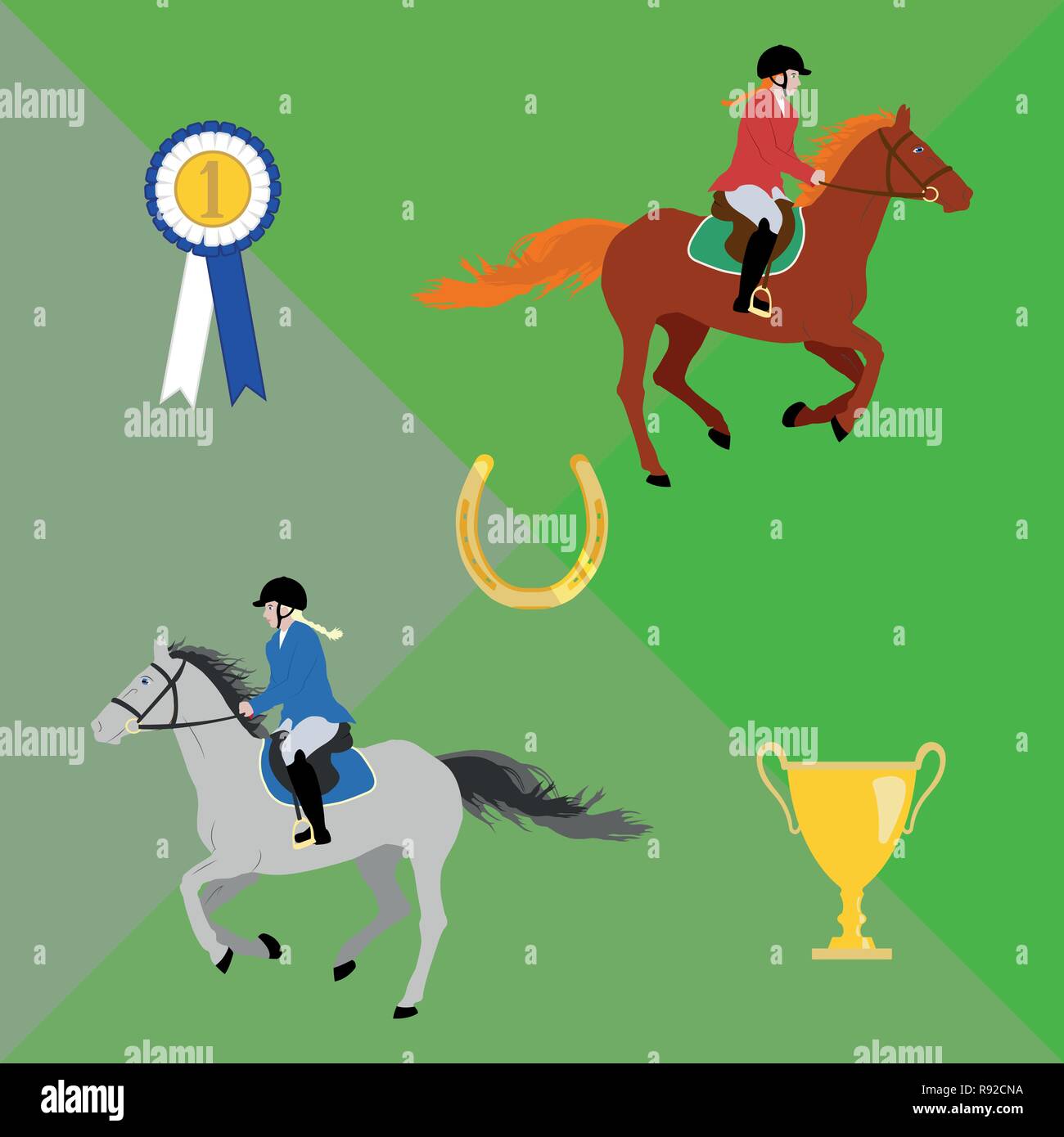 Weibliche Mitfahrer in Sportswear: hacking Jacken, Hosen, Stiefel und Helme. Reiter galoppieren auf Pferden. Equestrian Thema Komposition mit Rosette und Schale. Stock Vektor