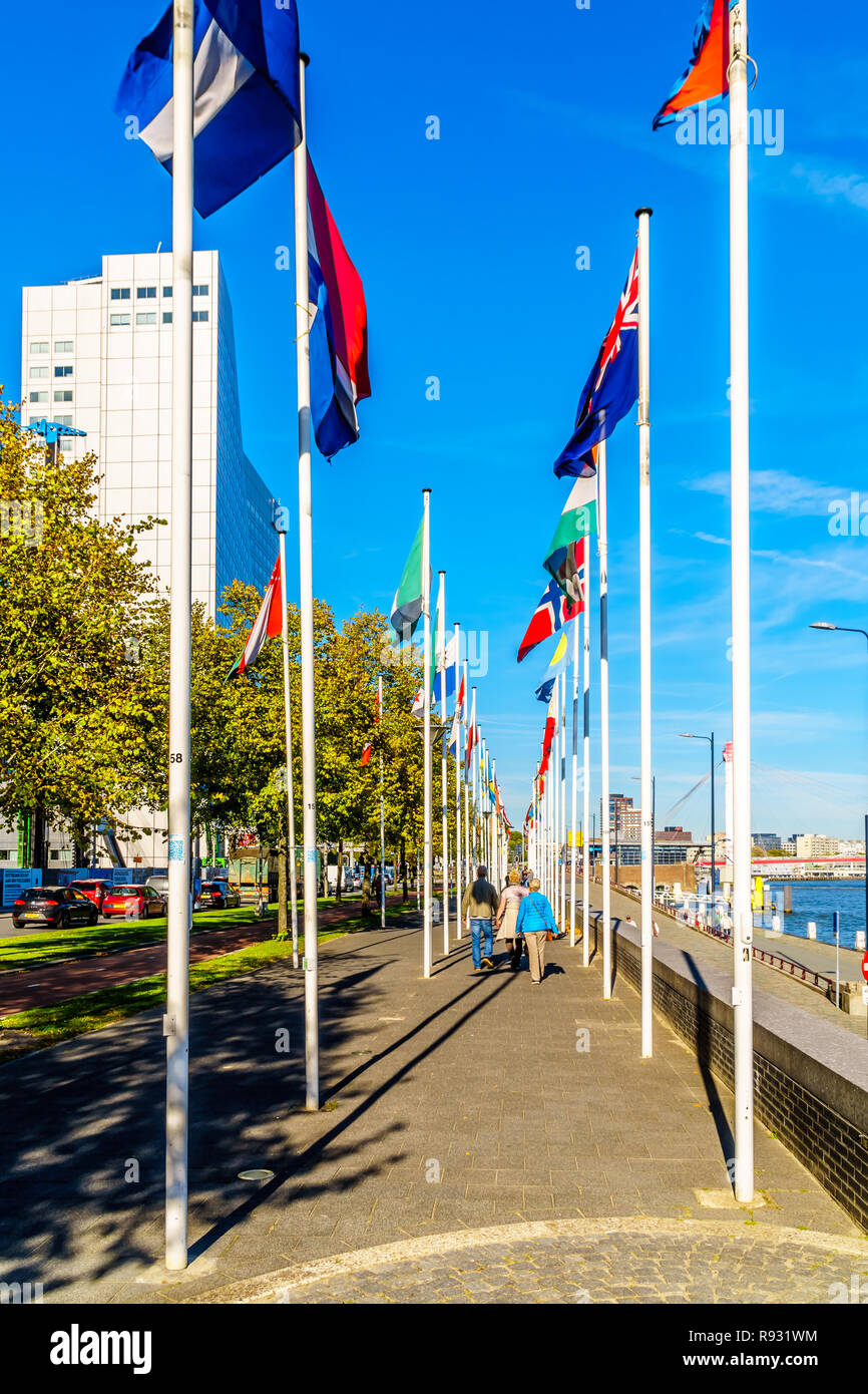 Flaggen aus europäischen Ländern auf dem Gehweg an der Boompjeskade und De Boeg Memorial in Rotterdam in den Niederlanden Stockfoto