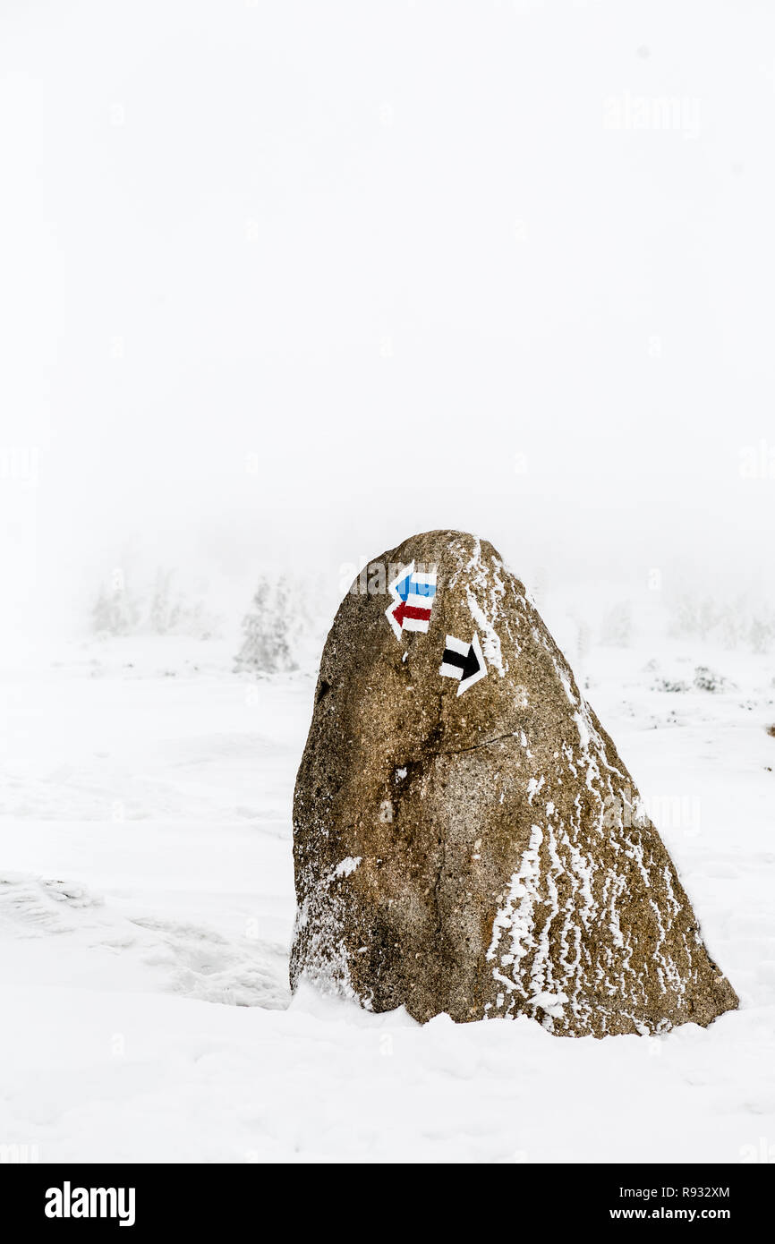 Wandern Pfeil Zeichen auf Stein in tiefem Schnee, Winter inspirierende Landschaft. Schönen inspirierenden Szene mit kopieren. Stockfoto