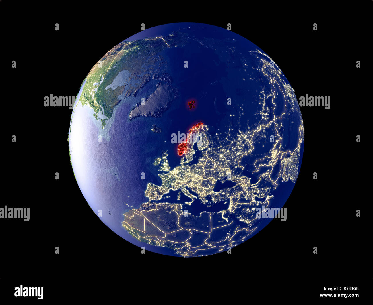 Norwegen von Speicherplatz auf dem Modell des Planeten Erde mit den Lichtern der Stadt. Sehr feine Details der Plastic Planet Oberfläche und Städte. 3D-Darstellung. Elemente der t Stockfoto