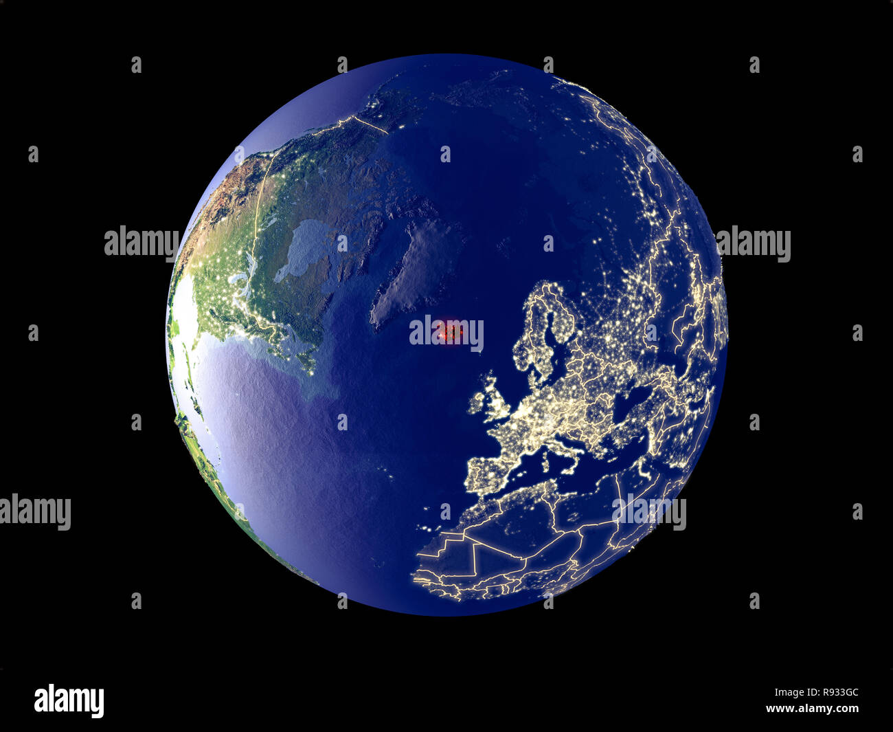 Island von Speicherplatz auf dem Modell des Planeten Erde mit den Lichtern der Stadt. Sehr feine Details der Plastic Planet Oberfläche und Städte. 3D-Darstellung. Elemente der Stockfoto