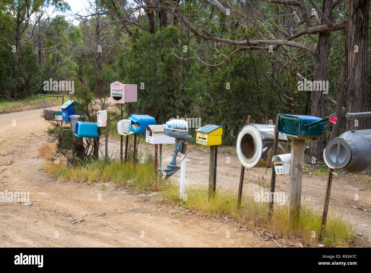 Roman Mailboxen auf Bruny Island Stockfoto