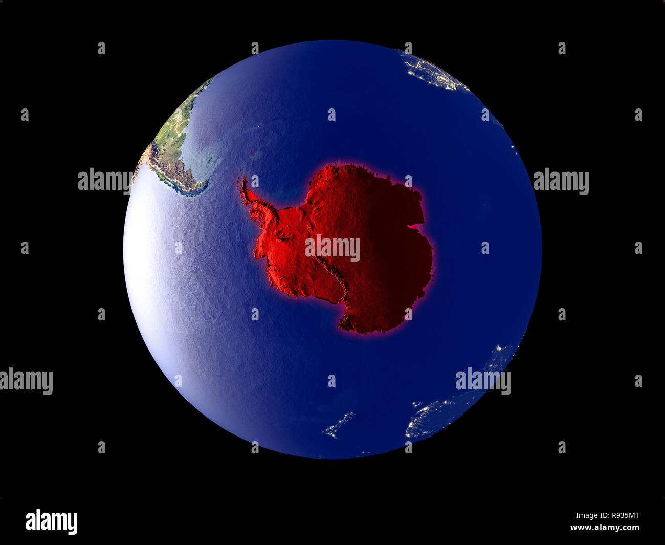 Antarktis vom Platz auf Modell des Planeten Erde mit den Lichtern der Stadt. Sehr feine Details der Plastic Planet Oberfläche und Städte. 3D-Darstellung. Elemente Stockfoto