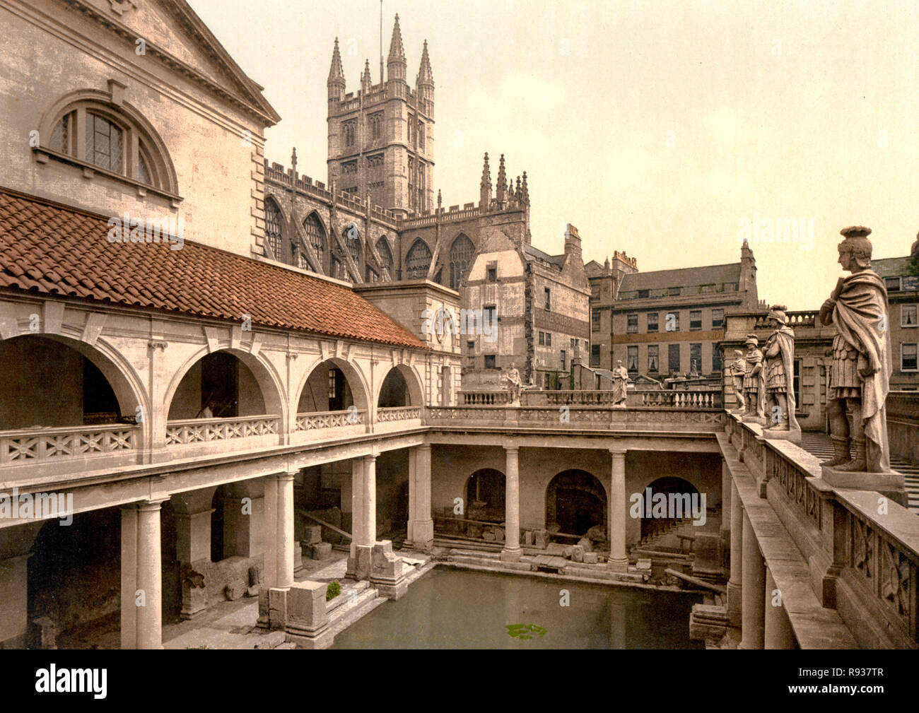 Römische Bäder und die Abtei von Bath, England, um 1900 Stockfoto