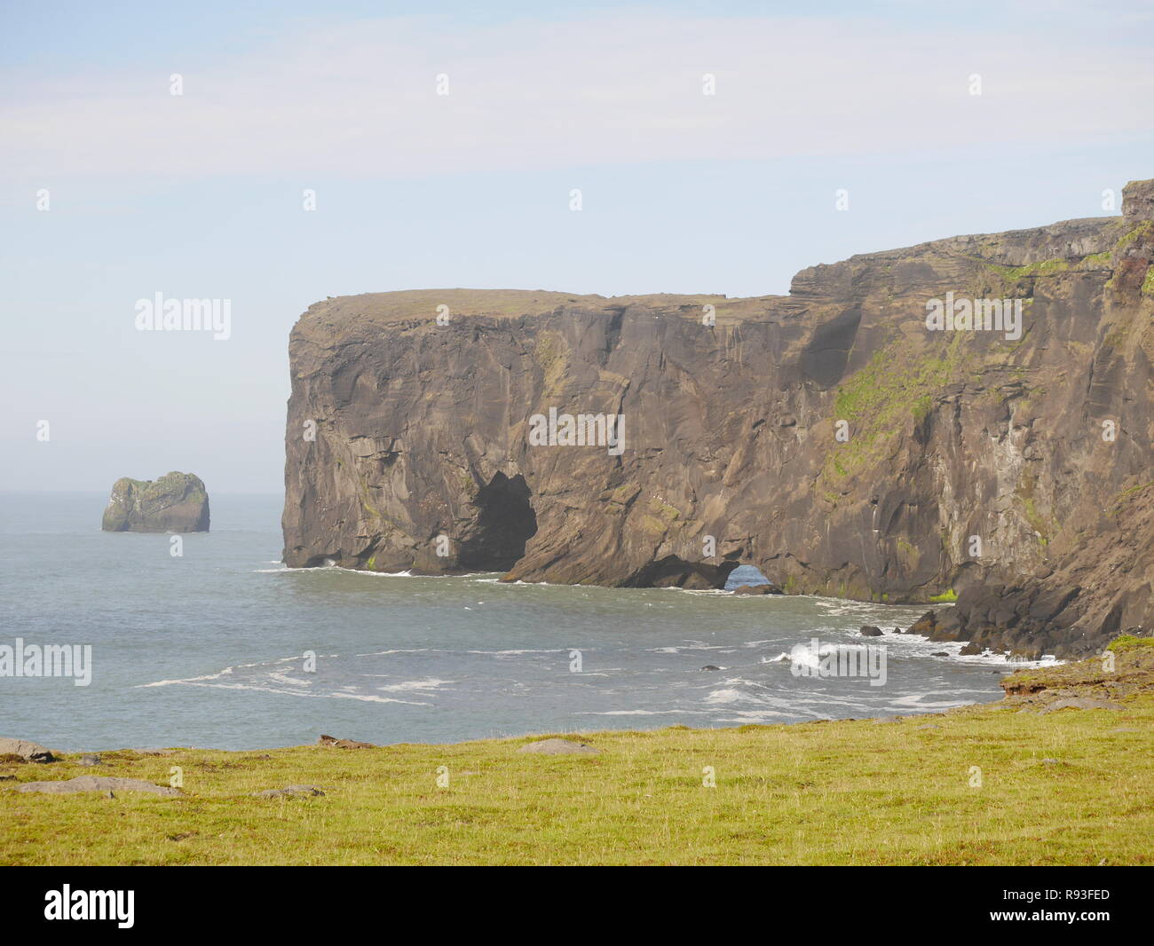 Anzeigen von Dyrholaey Halbinsel mit Meer Bögen und Meer im Süden Islands stack, mit Klippen im Vordergrund Stockfoto