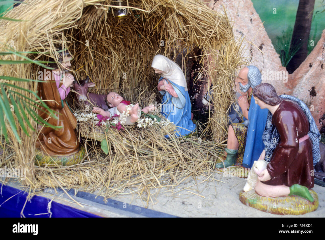 Geburt von Jesus Christus in Krippe, Weihnachtsfest, Bombay, Mumbai, Maharashtra, Indien, Asien Stockfoto