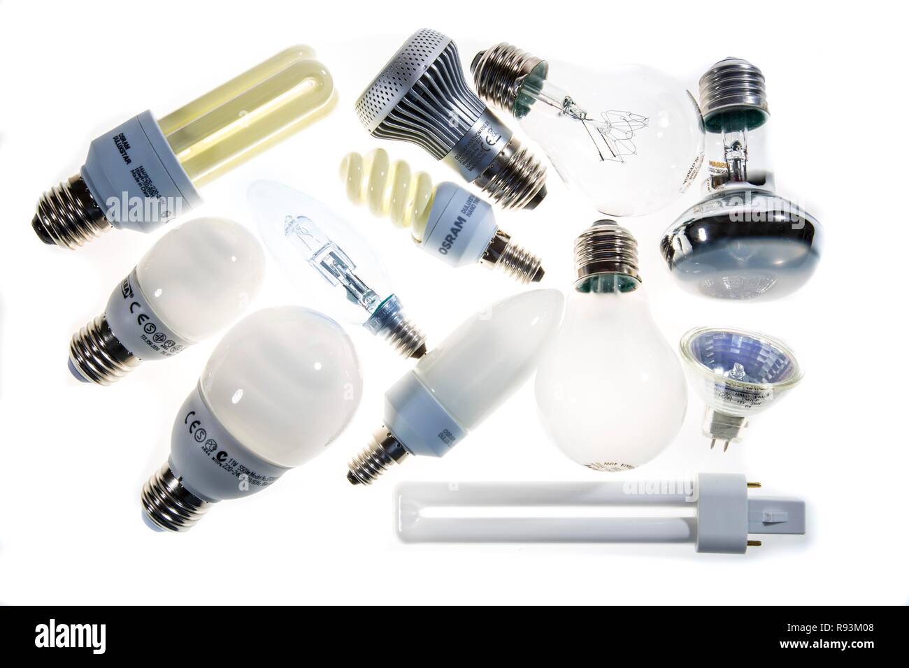Verschiedene Lampen, Glühbirnen, Energiesparlampen und LED-Lampen Stockfoto