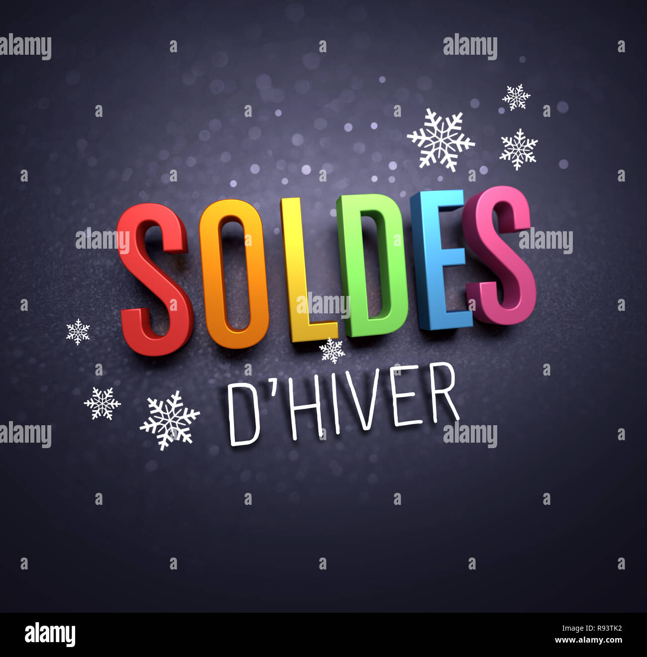 Bunte Winter Verkauf Schreiben in französischer Sprache, mit Schneeflocken Formen auf schwarzem Hintergrund - 3D-Darstellung Stockfoto