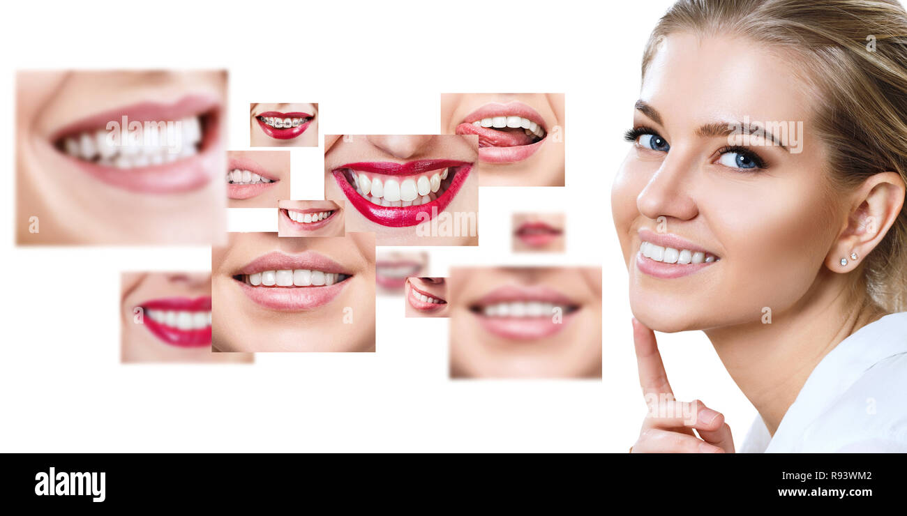 Junge Frau in der Nähe von Collage mit der Gesundheit der Zähne. Stockfoto