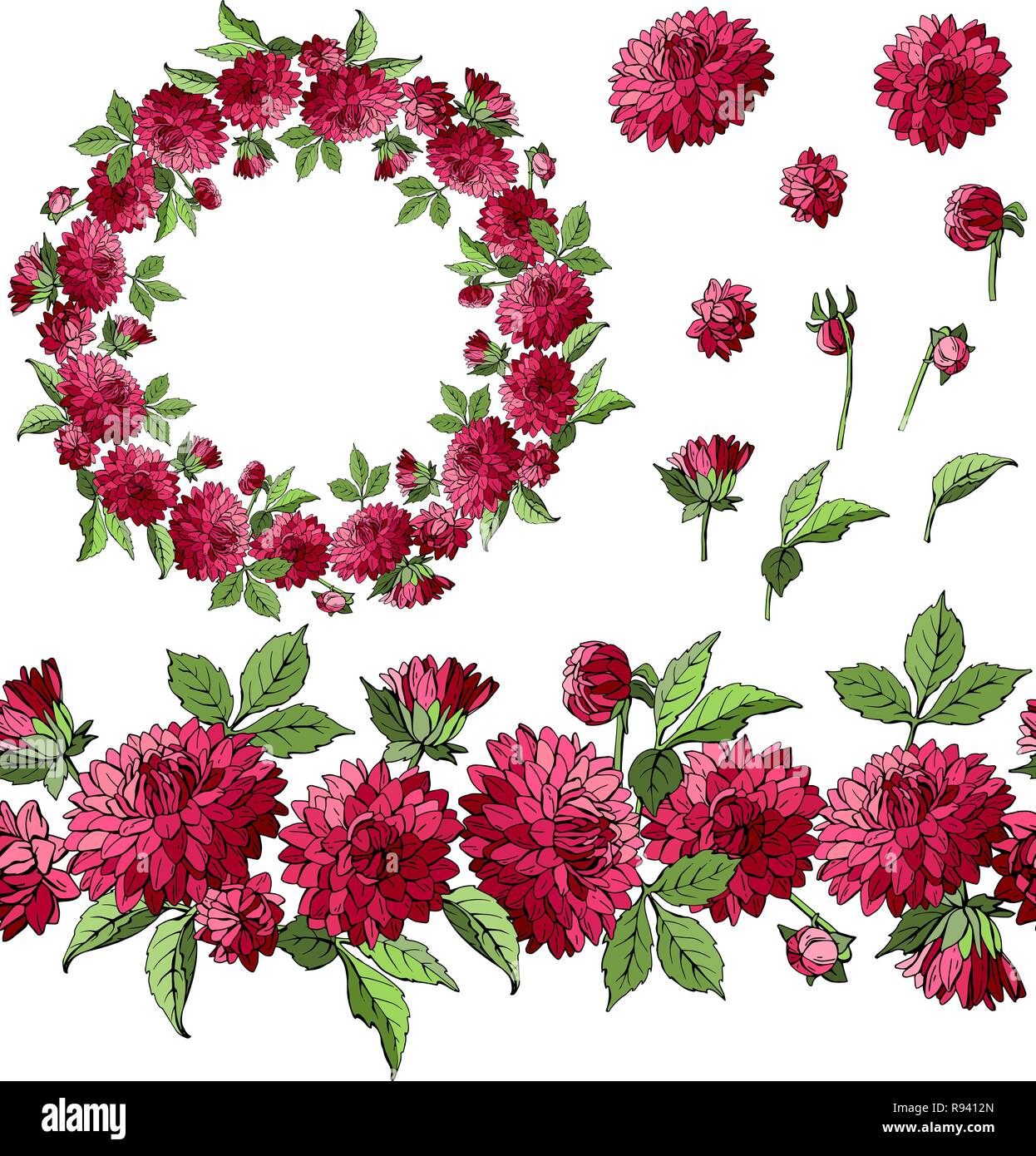Satz von Dahlia florale Elemente auf weißem Hintergrund, Kranz und nahtlose Bürste von Blumen isoliert, Vektor Stock Vektor