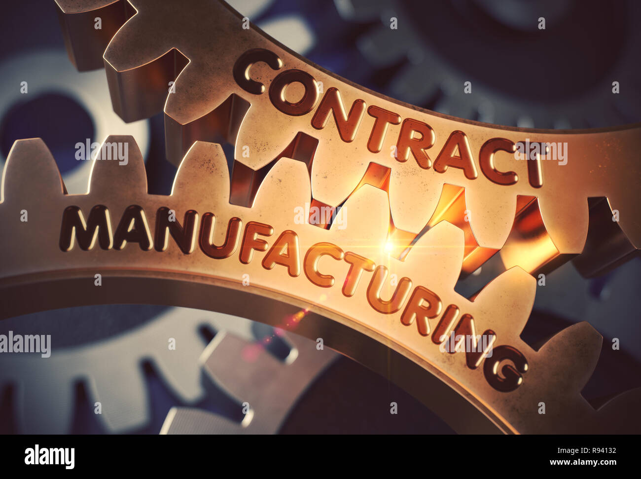 Contract Manufacturing auf goldenen Zahnräder. 3D-Darstellung. Stockfoto