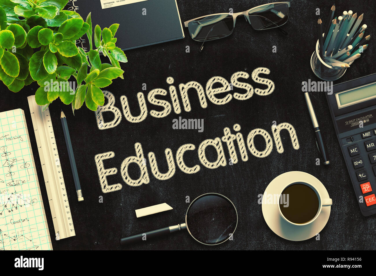Business Bildung - Text auf schwarzen Tafel. 3D-Rendering. Stockfoto
