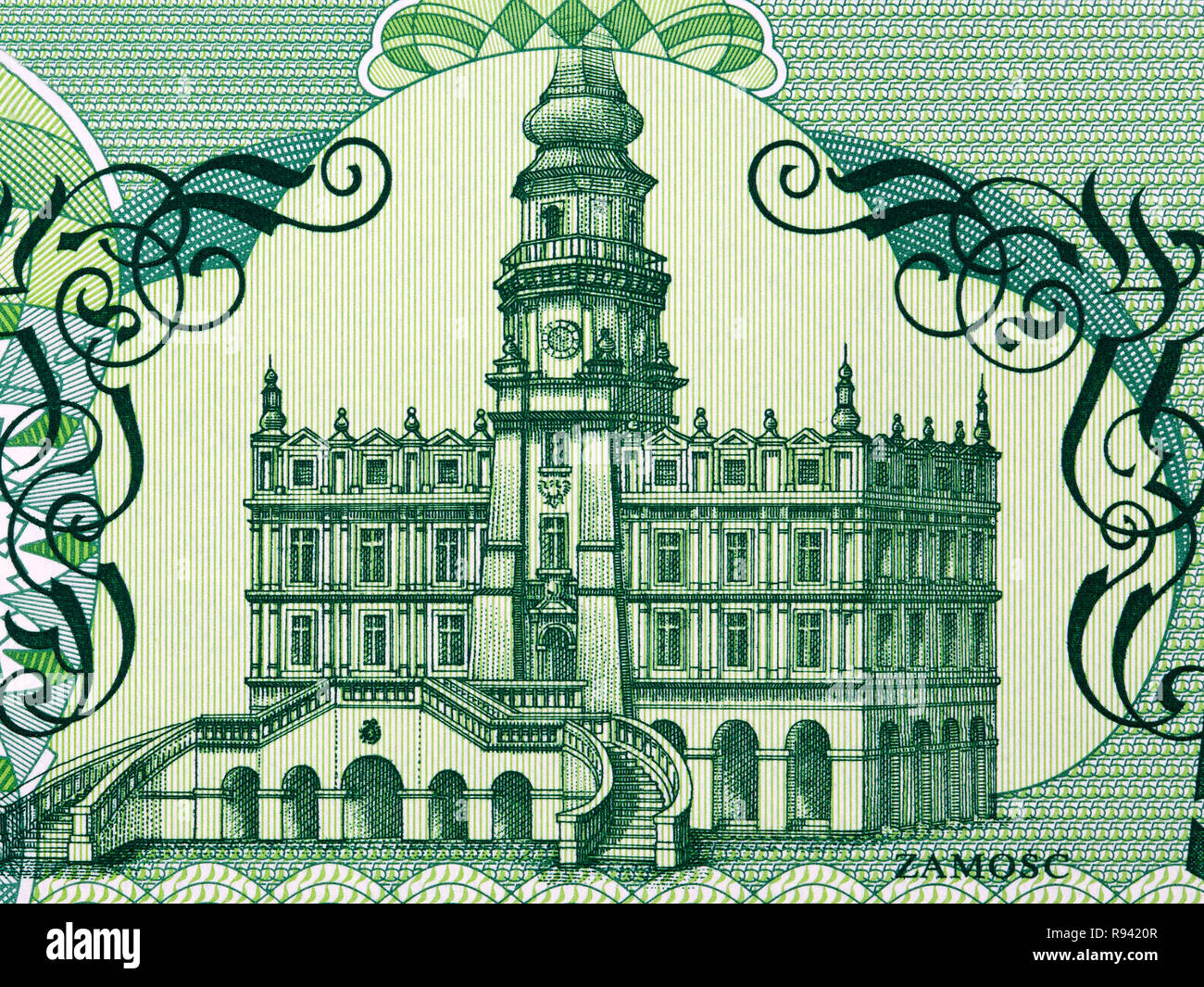Bild des Rathauses in Zamosc aus dem Polnischen Geld Stockfoto