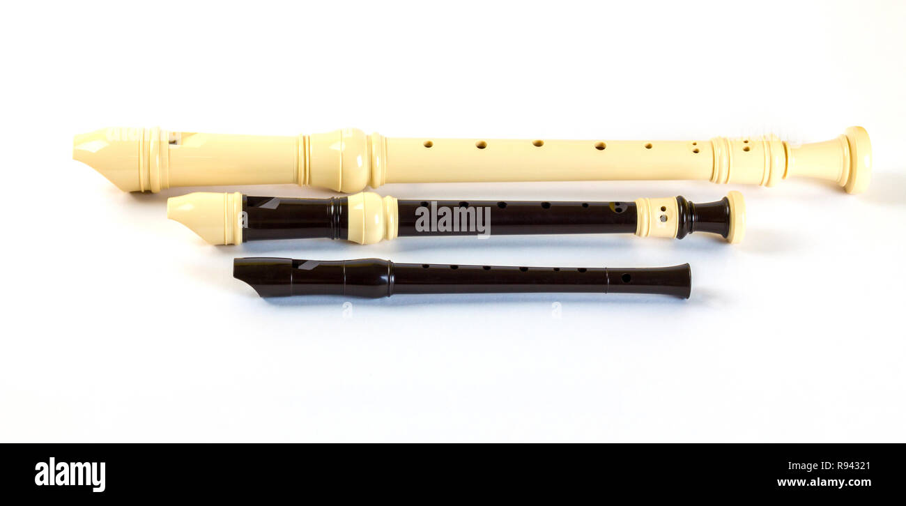 Kunststoff Blockflöte Flöte. Sopranino, Sopran und Alto flutes Stockfoto