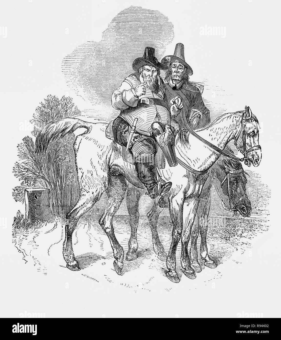 Eine Szene aus Hudibras, einem Englischen satirischen Polemik Geschrieben von Samuel Butler (1613-1680), Dichter und Satiriker, meist gegen Parliamenterians, Roundheads, Puritaner, Presbyterianer und andere Fraktionen in den Englischen Bürgerkrieg beteiligt von 1642-1651. Das Epos erzählt die Geschichte von Sir Hudibras und seines Knappen Ralpho, der von der Ritter Home Fahrt nach Reform, wie sie es nennen, Sünden und, was der Rest der Welt als leichte Unterhaltung. Hier der Ritter und knappe verlassen das Haus auf ihrer Suche. Stockfoto