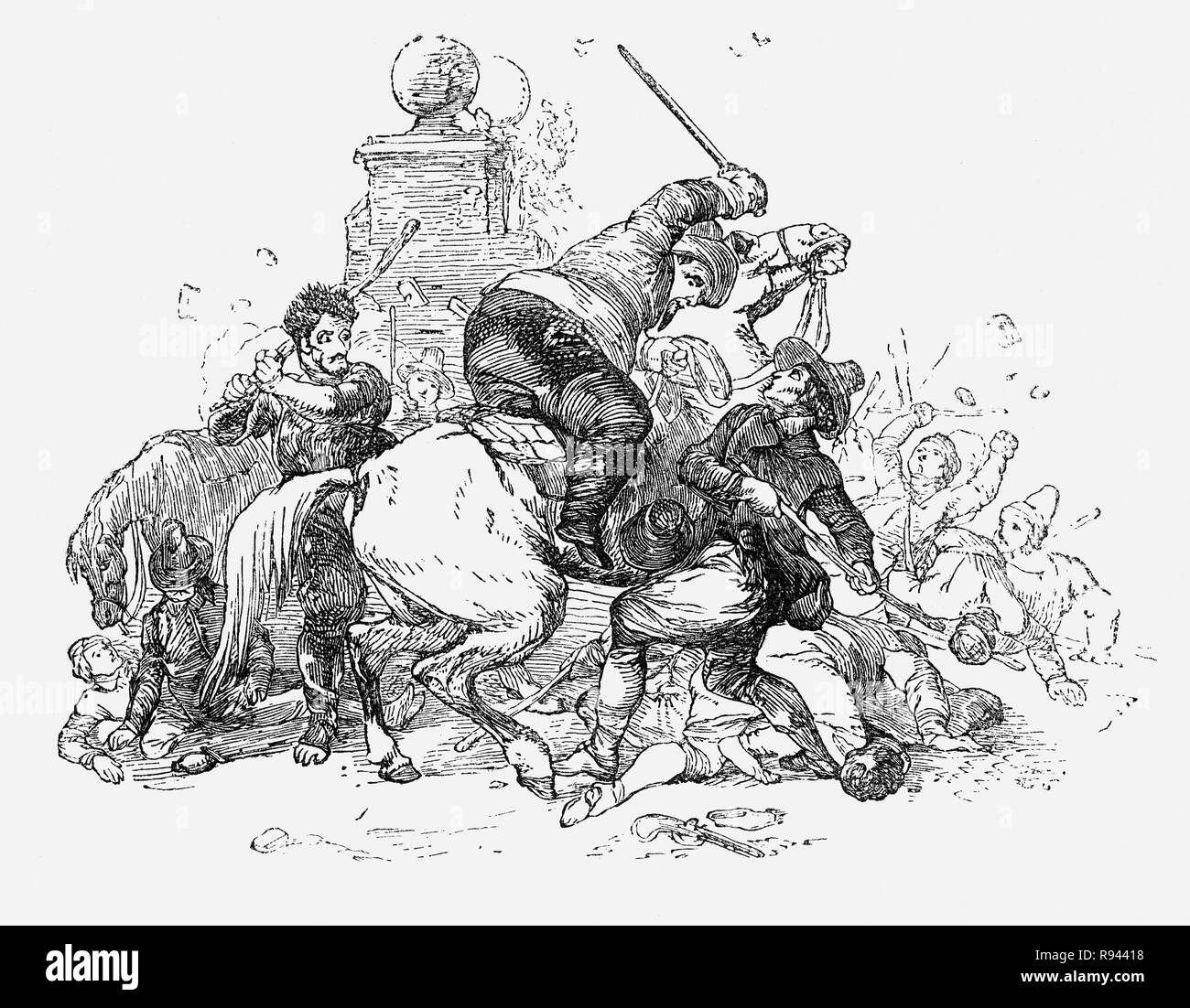 Eine Szene aus Hudibras, einem Englischen satirischen Polemik Geschrieben von Samuel Butler (1613-1680), Dichter und Satiriker, meist gegen Parliamenterians, Roundheads, Puritaner, Presbyterianer und andere Fraktionen in den Englischen Bürgerkrieg beteiligt von 1642-1651. Das Epos erzählt die Geschichte von Sir Hudibras und seines Knappen Ralpho, der von der Ritter Home Fahrt nach Reform, wie sie es nennen, Sünden und, was der Rest der Welt als leichte Unterhaltung. Hier Sir Hudibras auf dem Pferderücken Angriffe der Mob, die in Bären Hetze zu frönen. Stockfoto