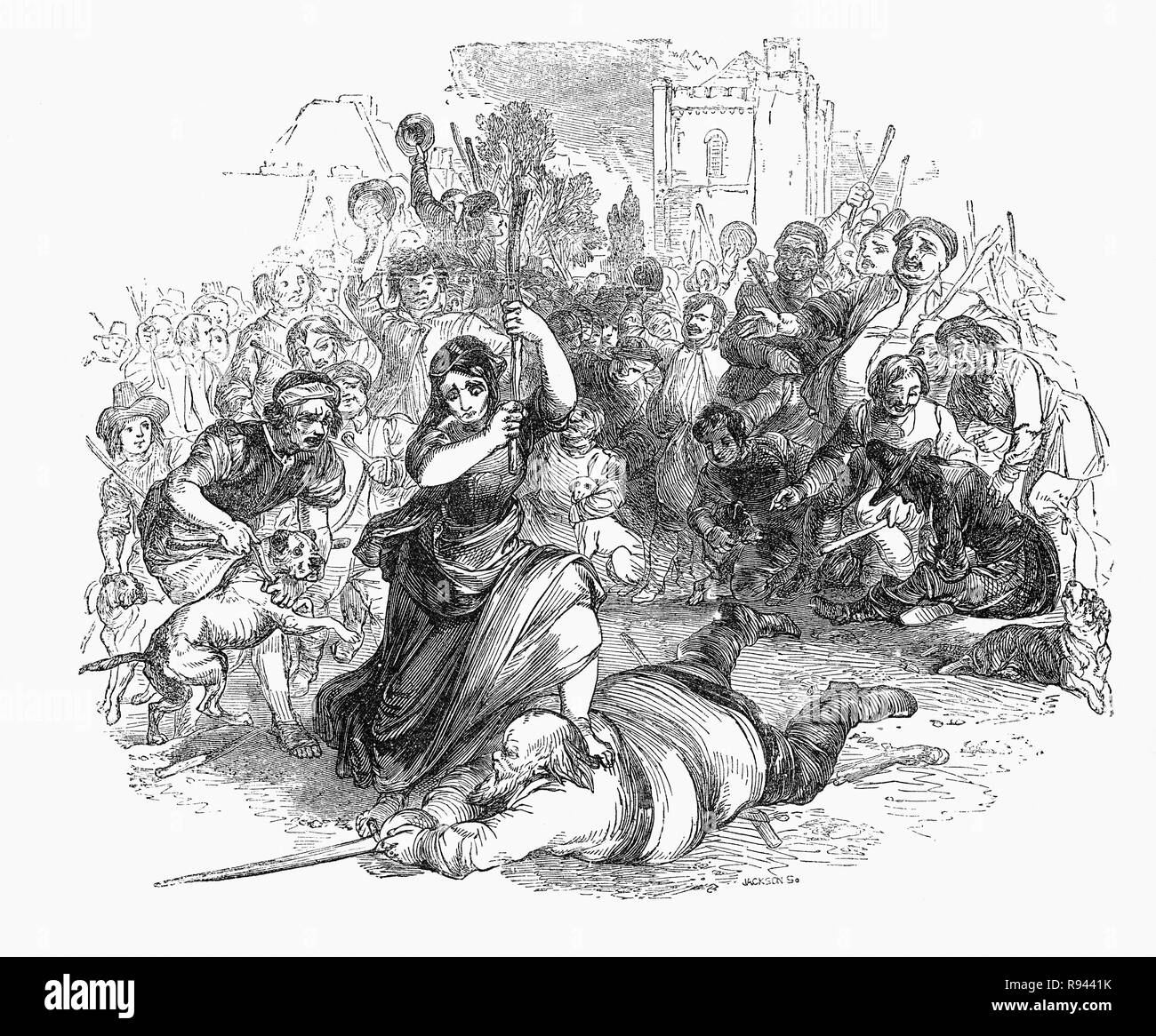 Eine Szene aus Hudibras, einem Englischen satirischen Polemik Geschrieben von Samuel Butler (1613-1680), Dichter und Satiriker, meist gegen Parliamenterians, Roundheads, Puritaner, Presbyterianer und andere Fraktionen in den Englischen Bürgerkrieg beteiligt von 1642-1651. Das Epos erzählt die Geschichte von Sir Hudibras und seines Knappen Ralpho, der von der Ritter Home Fahrt nach Reform, wie sie es nennen, Sünden und, was der Rest der Welt als leichte Unterhaltung. Hier Sir Hudibras, klopfte weg sein Pferd ist von Trulla, einer der Mob in Bear anfüttern mit Hunden zu frönen gedämpft. Stockfoto