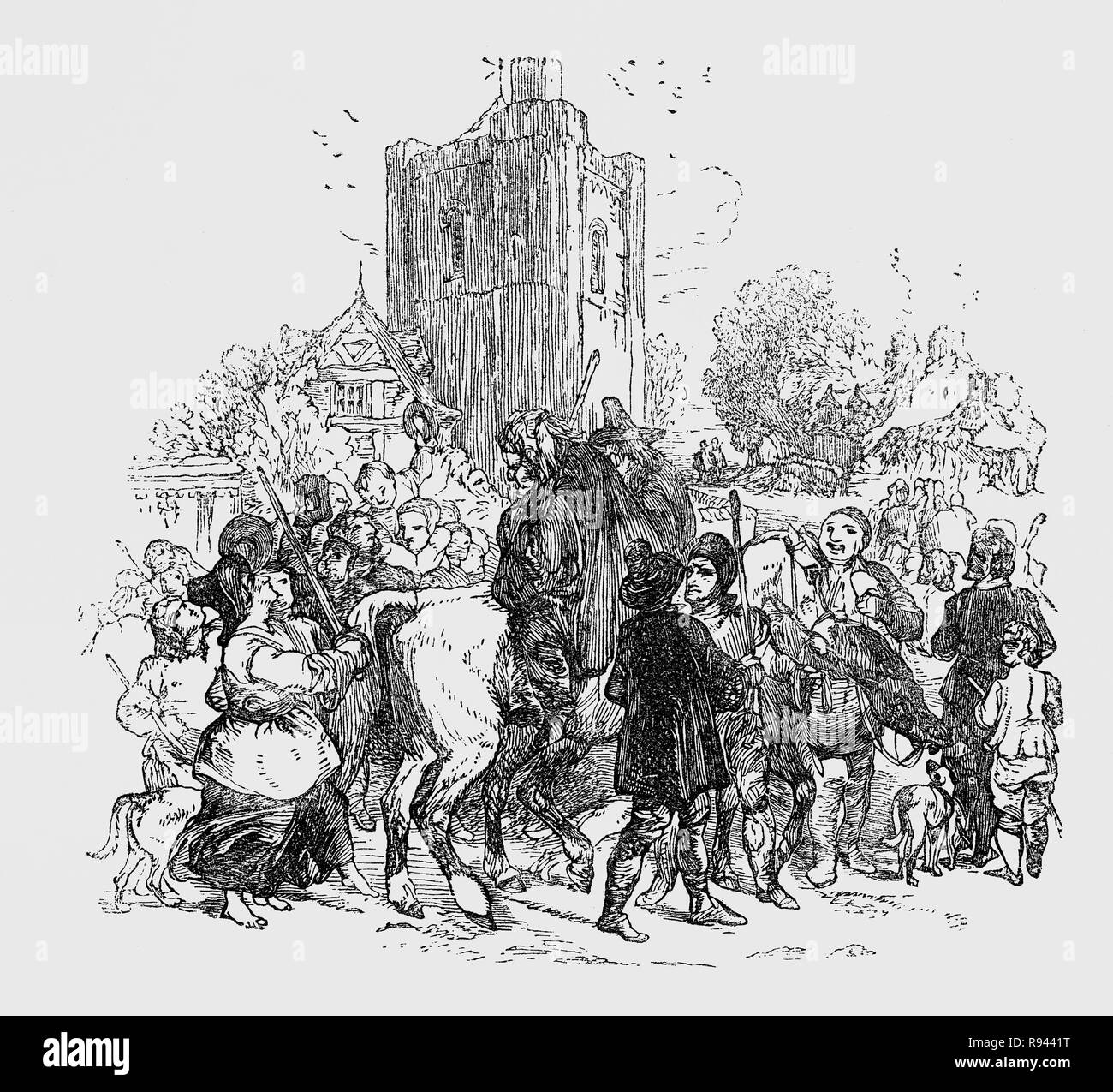 Eine Szene aus Hudibras, einem Englischen satirischen Polemik Geschrieben von Samuel Butler (1613-1680), Dichter und Satiriker, meist gegen Parliamenterians, Roundheads, Puritaner, Presbyterianer und andere Fraktionen in den Englischen Bürgerkrieg beteiligt von 1642-1651. Das Epos erzählt die Geschichte von Sir Hudibras und seines Knappen Ralpho, der von der Ritter Home Fahrt nach Reform, wie sie es nennen, Sünden und, was der Rest der Welt als leichte Unterhaltung. Nach einem Angriff auf die Mob über in Bären baiting Sir Hudibras und Rapho zu frönen sind zu den Beständen vermittelt.. Stockfoto
