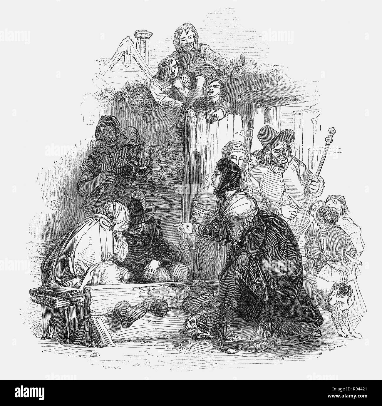 Eine Szene aus Hudibras, einem Englischen satirischen Polemik Geschrieben von Samuel Butler (1613-1680), Dichter und Satiriker, meist gegen Parliamenterians und die verschiedenen Fraktionen in den Englischen Bürgerkrieg beteiligt von 1642-1651. Sir Hudibras und seines Squire, Ralpho, die Fahrt nach Reform, wie sie es nennen, Sünden und, was der Rest der Welt als leichte Unterhaltung. Während in den Aktien, Sir Hudibras ist von der Witwe er umworben wurde, beschwert sich darüber, dass er nicht wirklich Liebe, und er endet, verspricht, sich selbst zu motivieren, wenn Sie ihn befreit, sobald jedoch frei, Er bereue seine Versprechen besucht. Stockfoto