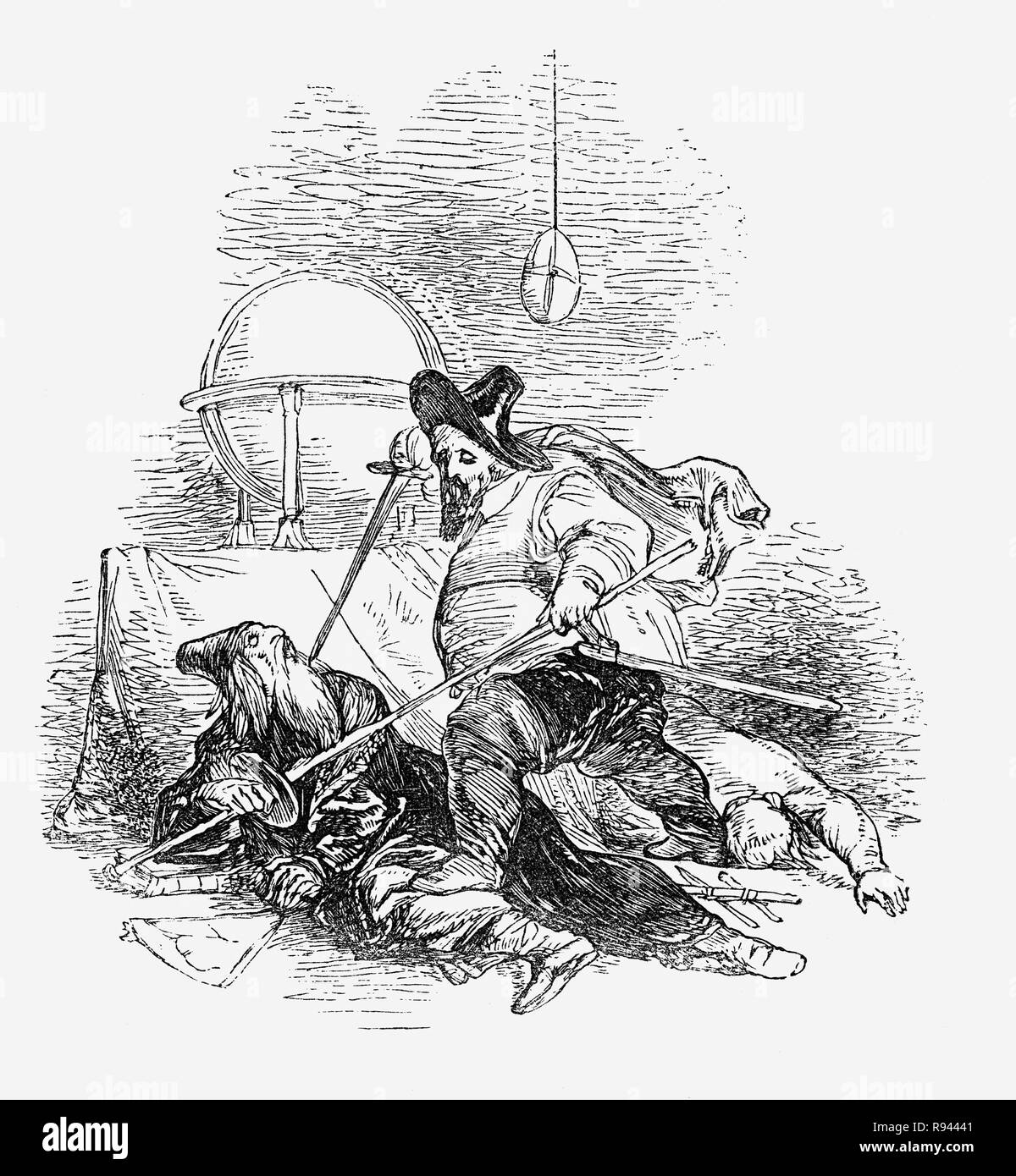 Eine Szene aus Hudibras, einem Englischen satirischen Polemik Geschrieben von Samuel Butler (1613-1680), Dichter und Satiriker, meist gegen Parliamenterians und andere Fraktionen in den Englischen Bürgerkrieg beteiligt von 1642-1651. Das Epos erzählt die Geschichte von Sir Hudibras und seines Squire, Ralpho, die Fahrt nach Reform, wie sie es nennen, Sünden und, was der Rest der Welt als leichte Unterhaltung. Sir Hudibras Besuch der Astrologe, Sidrophel, ihn zu fragen, wie er die Woo die Witwe, besucht er ein Astrologe, Sidrophel, ihn zu fragen, wie er die Woo die Witwe aber Sie erhalten in ein Argument, was in einem Kampf. Stockfoto