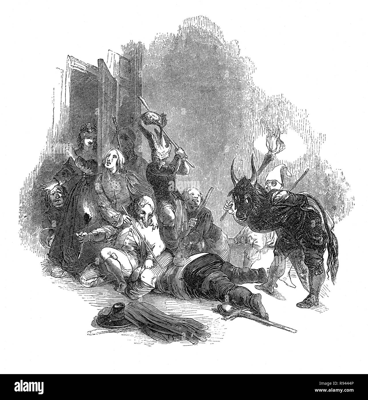 Eine Szene aus Hudibras, einem Englischen satirischen Polemik Geschrieben von Samuel Butler (1613-1680), Dichter und Satiriker, meist gegen Parliamenterians und andere Fraktionen in den Englischen Bürgerkrieg beteiligt. Das Epos erzählt die Geschichte von Sir Hudibras und seines Squire, Ralpho, die Fahrt die Sünden, die den Rest der Welt als leichte Unterhaltung zu reformieren. Nach seinem Besuch in der Astrologe, Sidrophel, um zu erfahren, wie Woo die Witwe, Hudibras geht in das Haus der Witwe. Wenn eine Gruppe hetzt in und schlägt ihm, er setzt sie Spirituosen aus Sidrophel zu sein, anstatt von der Witwe angestellt. Stockfoto