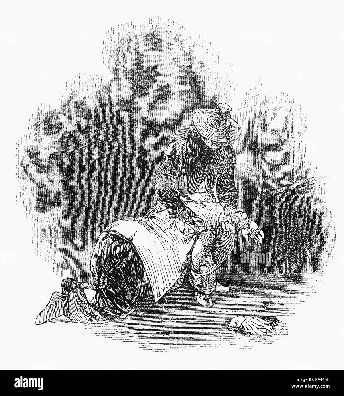 Eine Szene aus Hudibras, einem Englischen satirischen Polemik Geschrieben von Samuel Butler (1613-1680), Dichter und Satiriker, meist gegen Parliamenterians, Roundheads, Puritaner, Presbyterianer und andere Fraktionen in den Englischen Bürgerkrieg beteiligt von 1642-1651. Das Epos erzählt die Geschichte von Sir Hudibras und seines Knappen Ralpho, der von der Ritter Home Fahrt nach Reform, wie sie es nennen, Sünden und, was der Rest der Welt als leichte Unterhaltung. Nach seinem Besuch in das Haus der Witwe und seinen schlagenden Ralpho kommt zu Hilfe seines Herrn. Stockfoto