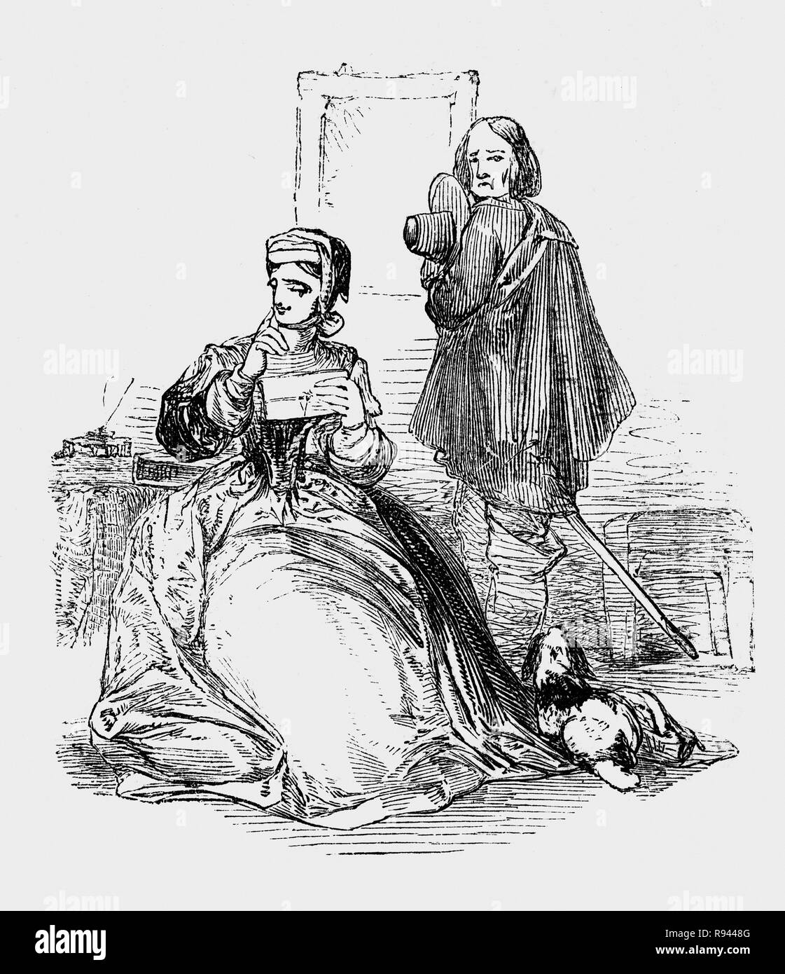 Eine Szene aus Hudibras, einem Englischen satirischen Polemik Geschrieben von Samuel Butler (1613-1680), Dichter und Satiriker, meist gegen Parliamenterians, Roundheads, Puritaner, Presbyterianer und andere Fraktionen in den Englischen Bürgerkrieg beteiligt von 1642-1651. Ralpho nimmt Sir Hudibras "Liebesbrief an die Witwe hat er so eifrig verfolgt. Stockfoto