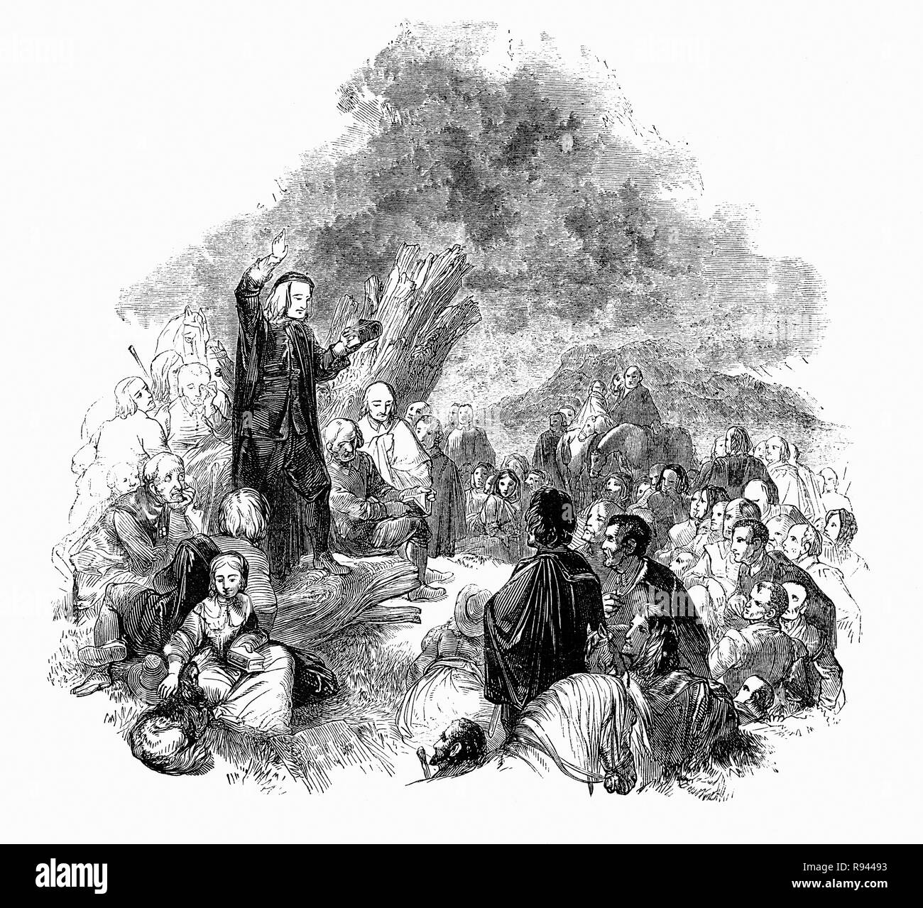 Eine Szene aus Hudibras, einem Englischen satirischen Polemik Geschrieben von Samuel Butler (1613-1680), Dichter und Satiriker, meist gegen Parliamenterians, Roundheads, Puritaner, Presbyterianer und andere Fraktionen in den Englischen Bürgerkrieg beteiligt von 1642-1651. Hier sehen wir einen Priester Predigt, durch Verhaltensweisen seiner Klasse inspiriert, eher als der seiner bretheren. Stockfoto