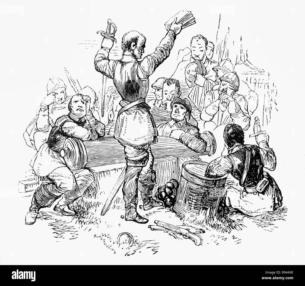 Eine Szene aus Hudibras, einem Englischen satirischen Polemik Geschrieben von Samuel Butler (1613-1680), Dichter und Satiriker, meist gegen Parliamenterians, Roundheads, Puritaner, Presbyterianer und andere Fraktionen in den Englischen Bürgerkrieg beteiligt von 1642-1651. Hier ist einer der Unabhängigen, ein Bastard Art von Kirche, dragoon, eine militante, für die der Herr war "der Krieg". Stockfoto