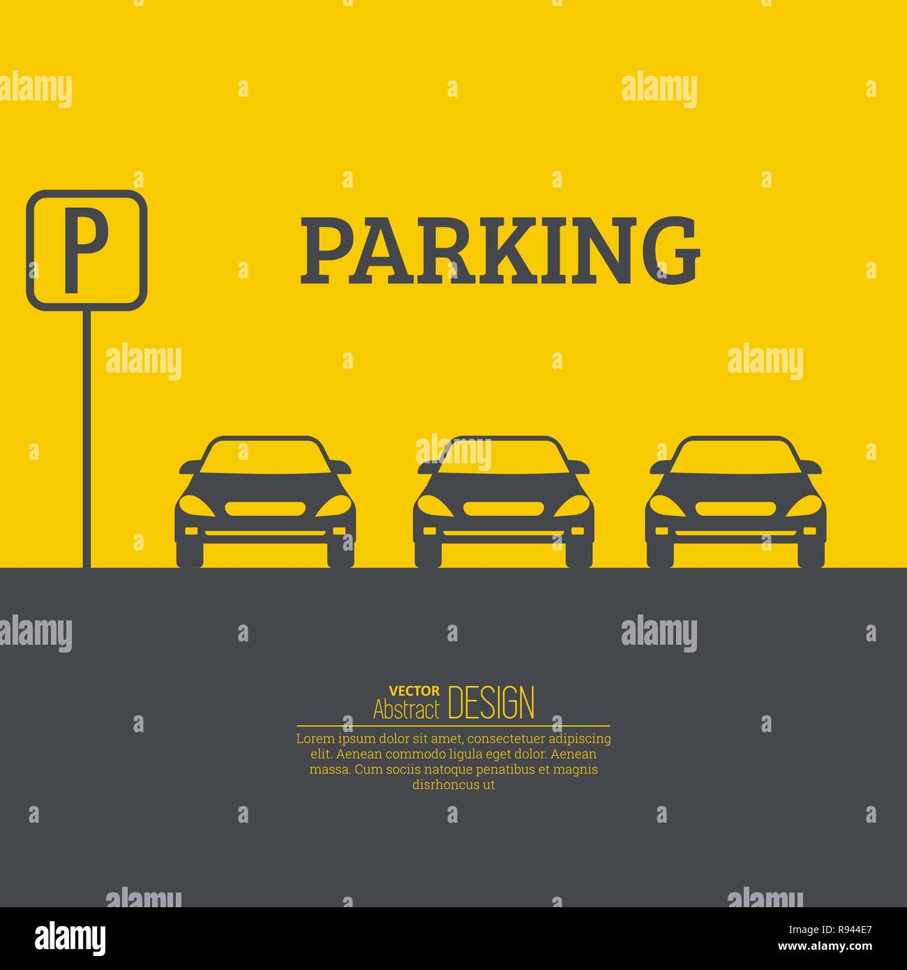 Zusammenfassung Hintergrund mit Autos und Verkehrszeichen. Parkplatz Zone. Vektor Element der grafischen Gestaltung. Flat Style. Stock Vektor
