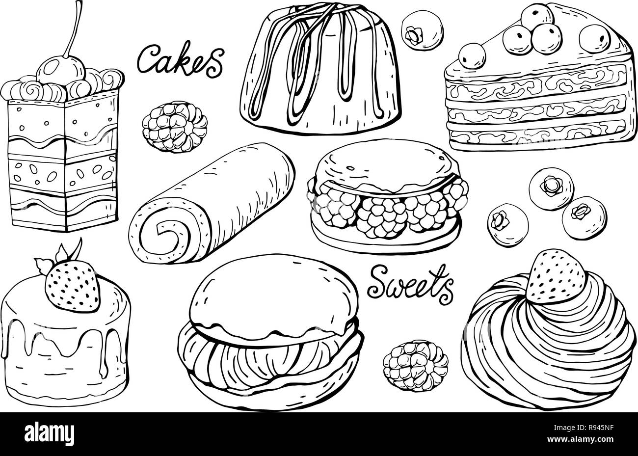 Eingestellt von isolierten Skizze Süßigkeiten und Kuchen auf einem weißen Hintergrund, Vector Illustration Stock Vektor