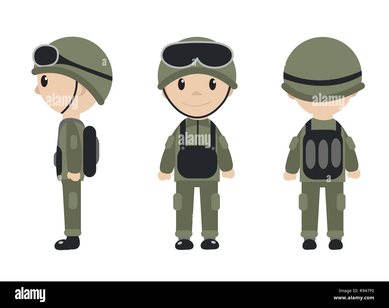 Cartoon Soldat Maskottchen Satz von Objekten im flachen Stil. Soldaten Figur Sammlung. Auf weissem Hintergrund. Vector Illustration. Stock Vektor