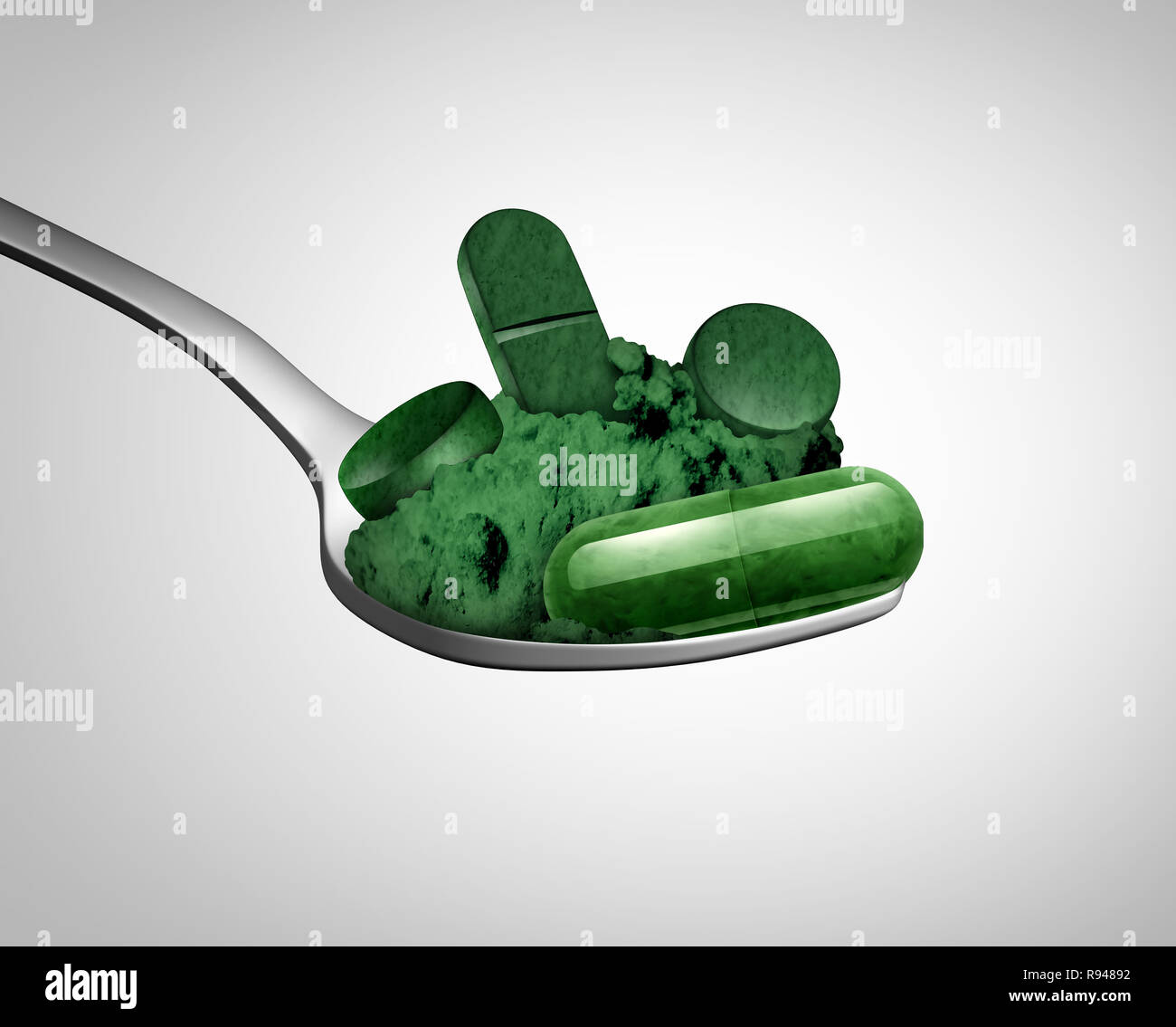 Spirulina chlorella Ergänzung Symbol als Gesundheit Nährstoff- und nutritios Antioxidans essen Symbol wie der Blau-grüne Algen in der Pille oder als Pulver. Stockfoto