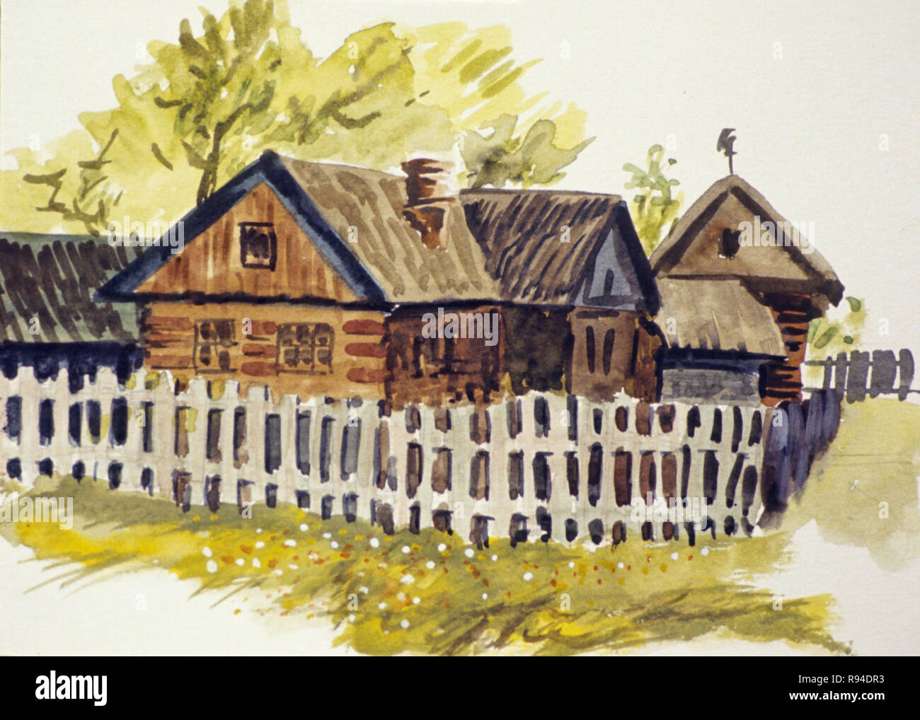 Malerei Aquarell des Hauses mit Zaun Stockfoto