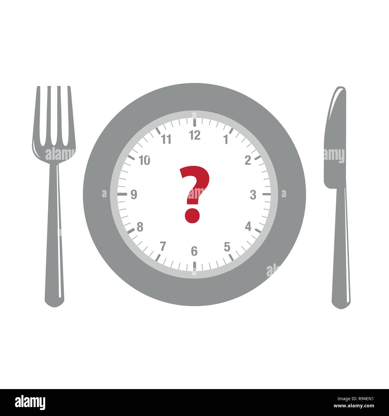 Uhr- und Fragezeichen in einem Teller mit Besteck Vektor-illustration EPS 10. Stock Vektor