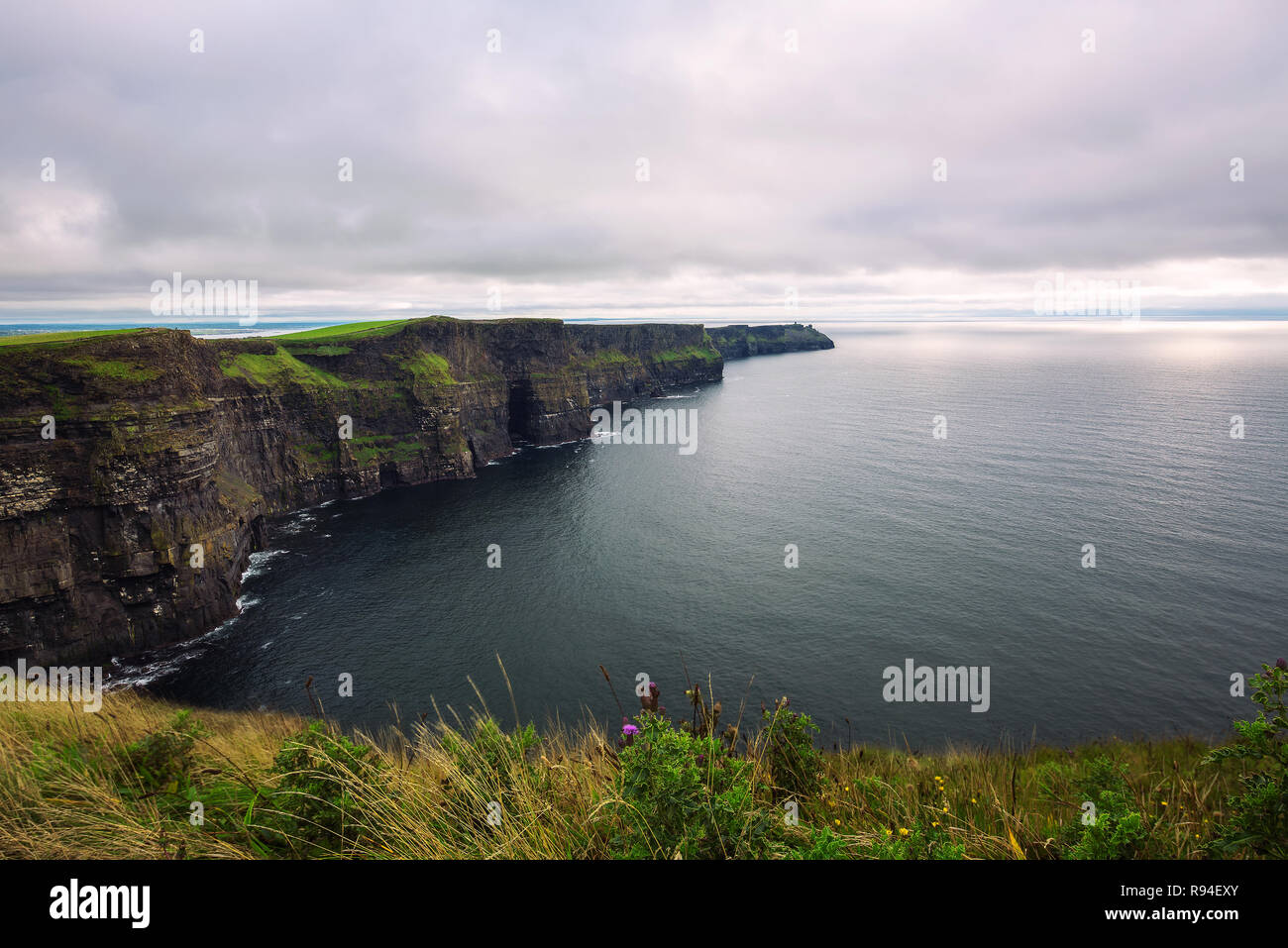 Panoramablick auf den malerischen Klippen von Moher in Irland Stockfoto