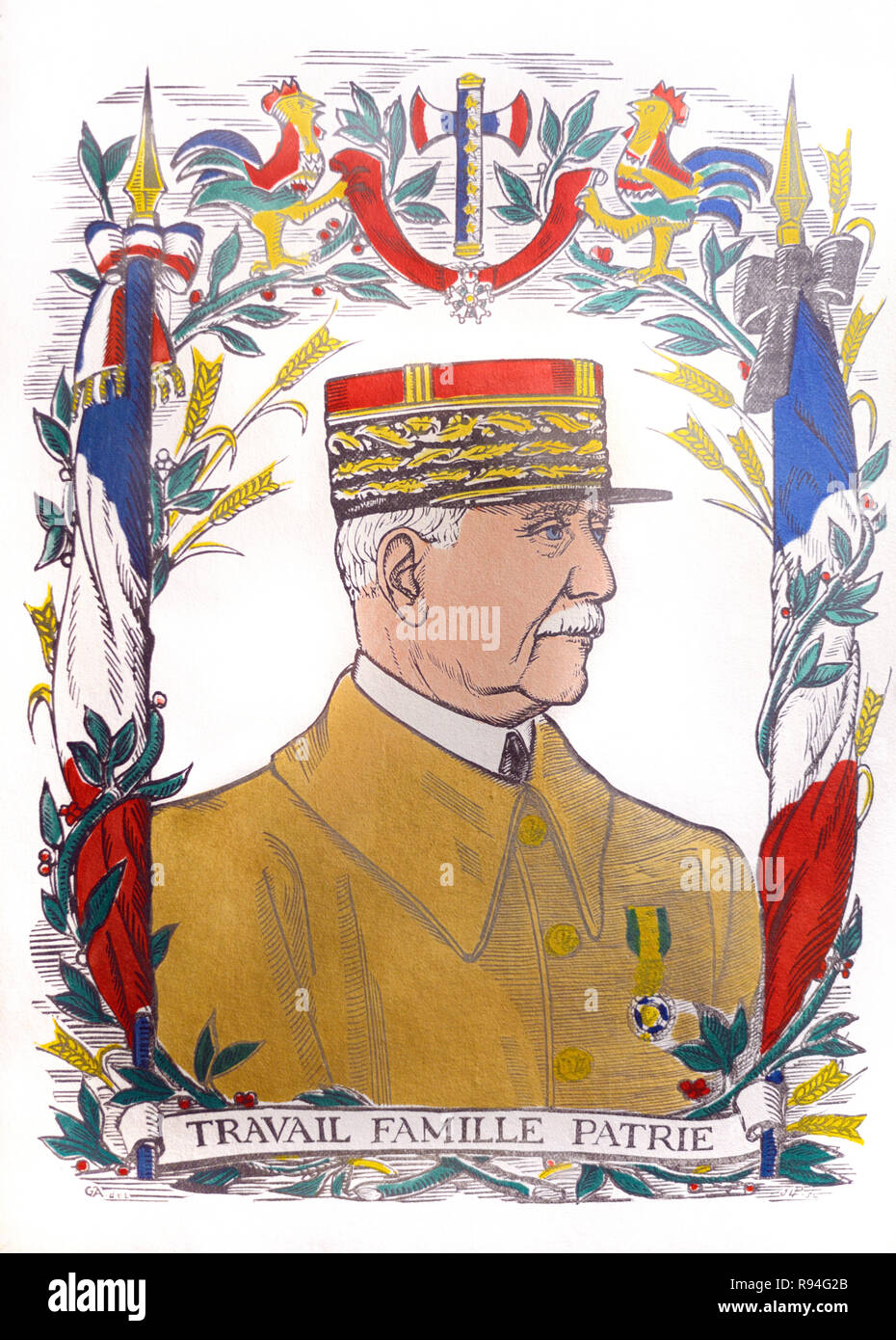 Portrait von Marschall Pétain & Französisch nationalistische Symbole c 1940 Stockfoto