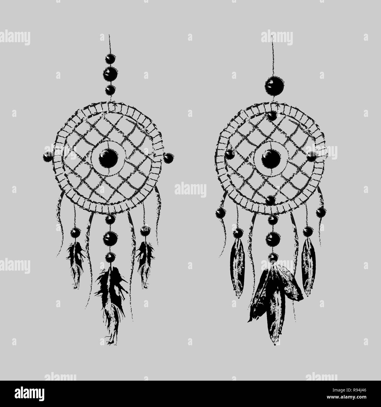 Grunge Dreamcatcher mit Federn und Filialen. Sweet Dream. Native American Indian Talisman. Boho Design, Tattoo Art.10 eps Stock Vektor