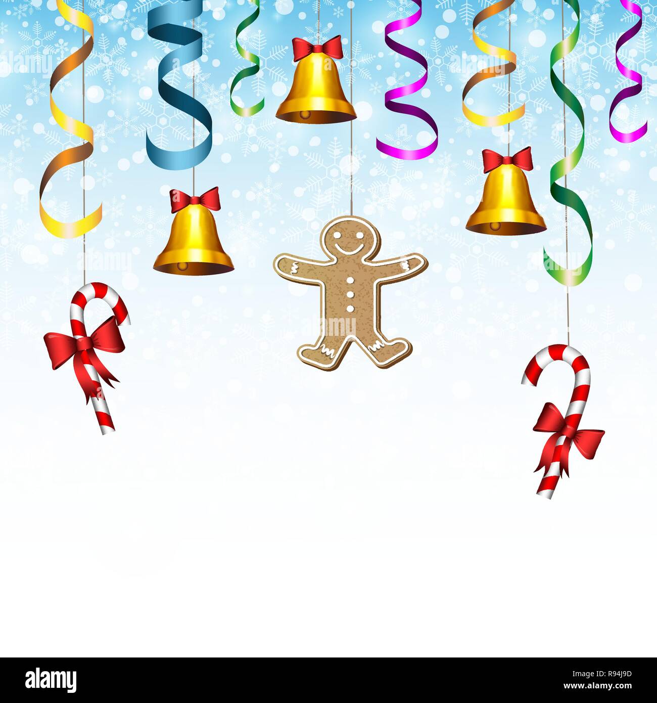 Neues Jahr Karte. Weihnachten Tannenzweigen mit Süßigkeiten, Serpentin, Glocke und Gingerbread Man Stock Vektor