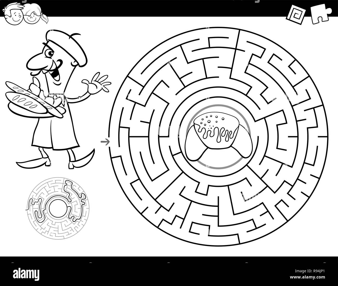 Schwarze und Weiße Cartoon Illustration für Bildung Labyrinth oder Irrgarten Aktivität Spiel für Kinder mit Bäcker und Croissant Malbuch Stock Vektor
