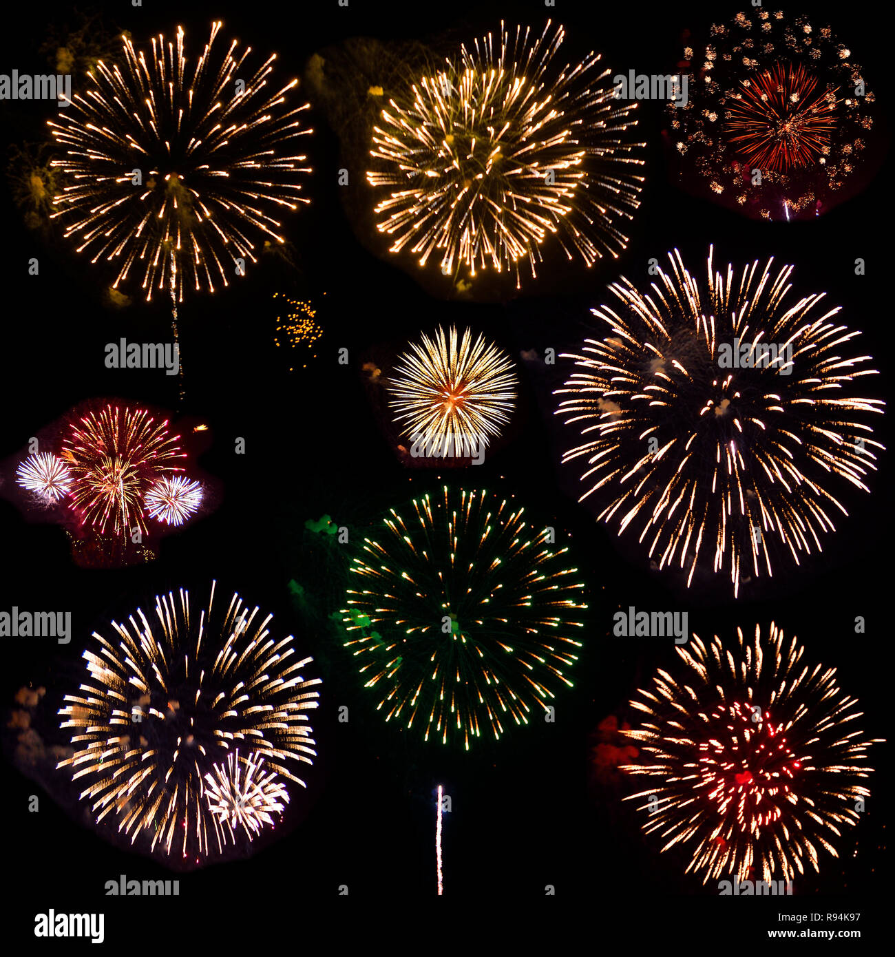 Bunte Reihe von neun explodierende Feuerwerkskörper, auf schwarzem Hintergrund isoliert. Helles Feuer Blumen der festlichen Feuerwerk in verschiedenen Farben und Formen in der Nacht s Stockfoto