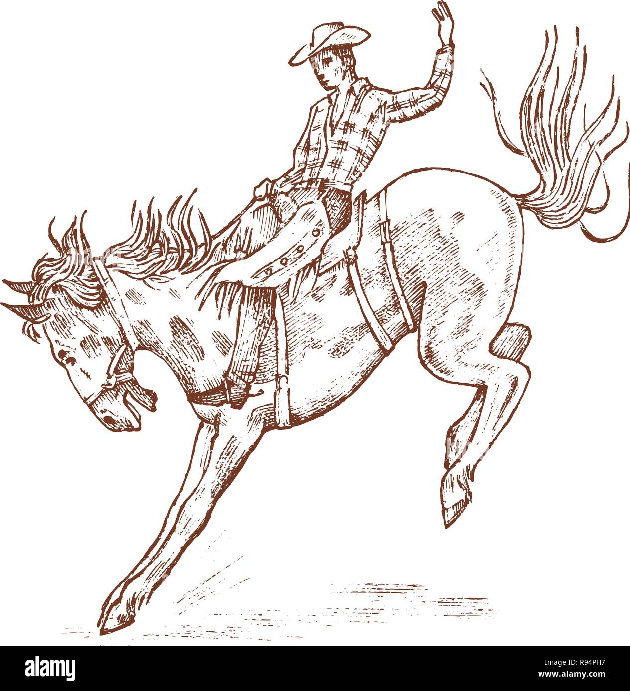 Cowboy ein Pferd reiten. Western rodeo Symbol, Texas Ranger, Polizeichef in hat. Wild West, Country Stil. Vintage graviert Hand gezeichnete Skizze. Stock Vektor