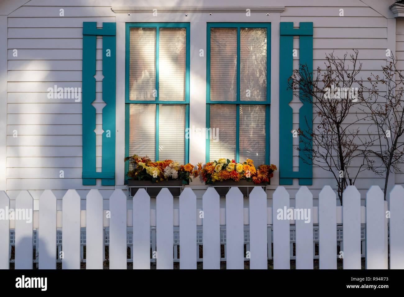 Weißen Lattenzaun; Fenster & flower Box; Salida, Colorado, USA Stockfoto