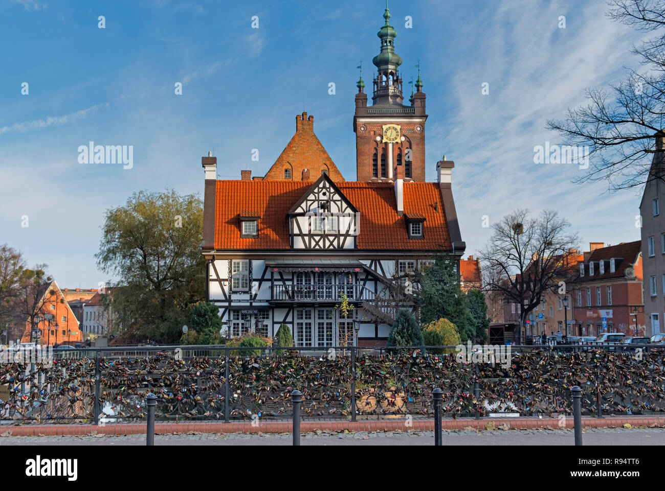 Czekoladowy Mlyn Schokolade Mühle und Chlebowy Brücke der Liebe Danzig Polen Stockfoto