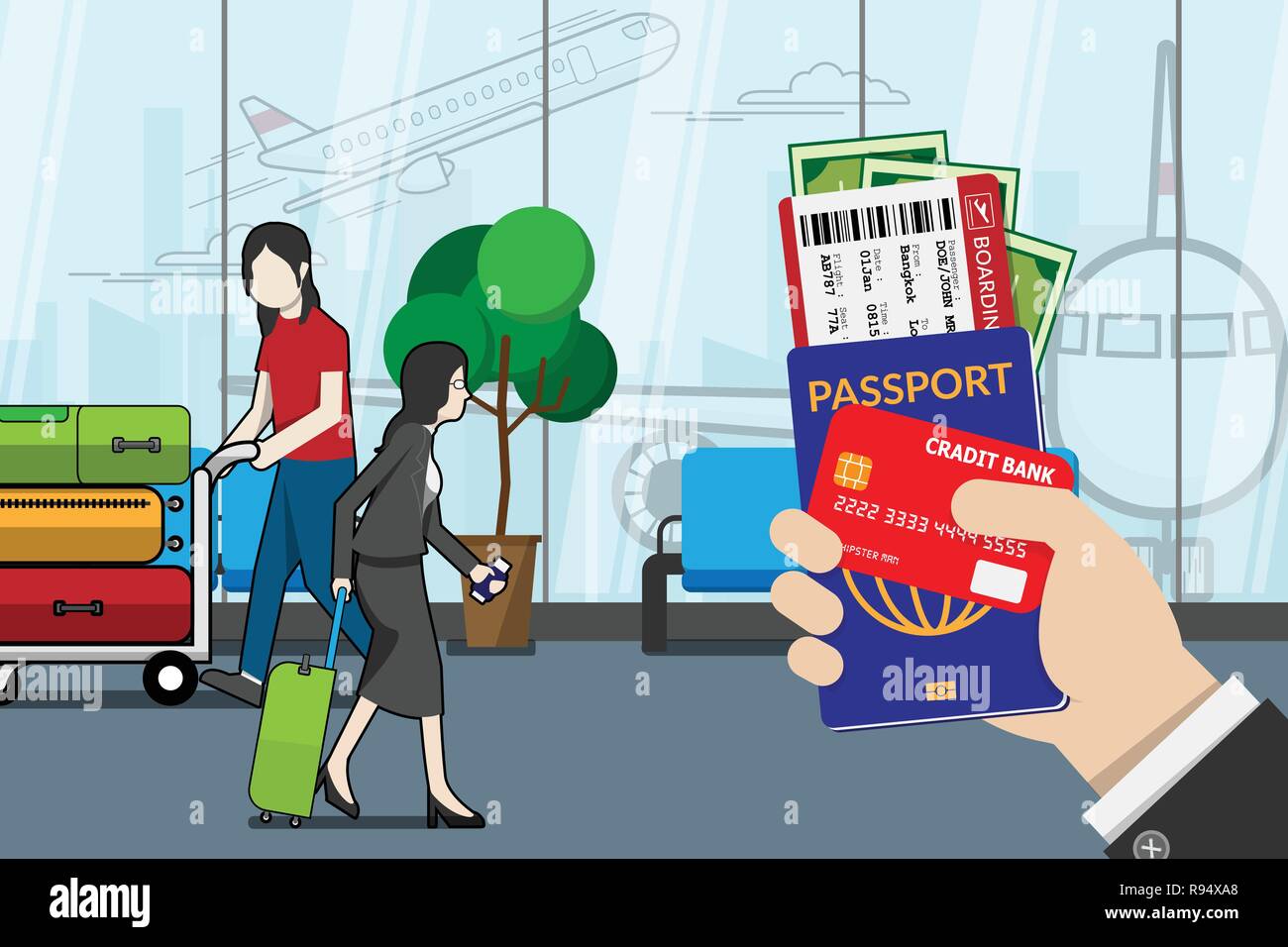 Business Mann, Pass, Bordkarte, Taschengeld und Kreditkarte, für Reisen mit Gepäck und Flughafen Terminal am Hintergrund vecto vorbereiten. Stock Vektor