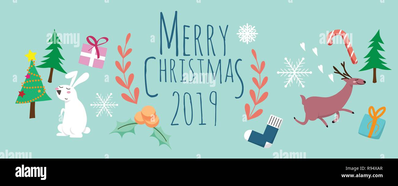 Frohe Weihnachten 2019. cute Cartoon von Tieren Charakter, Weihnachtsbaum und Geschenkbox mit Text Frohe Weihnachten 2019 isoliert auf Hellgrün backgroun Stock Vektor