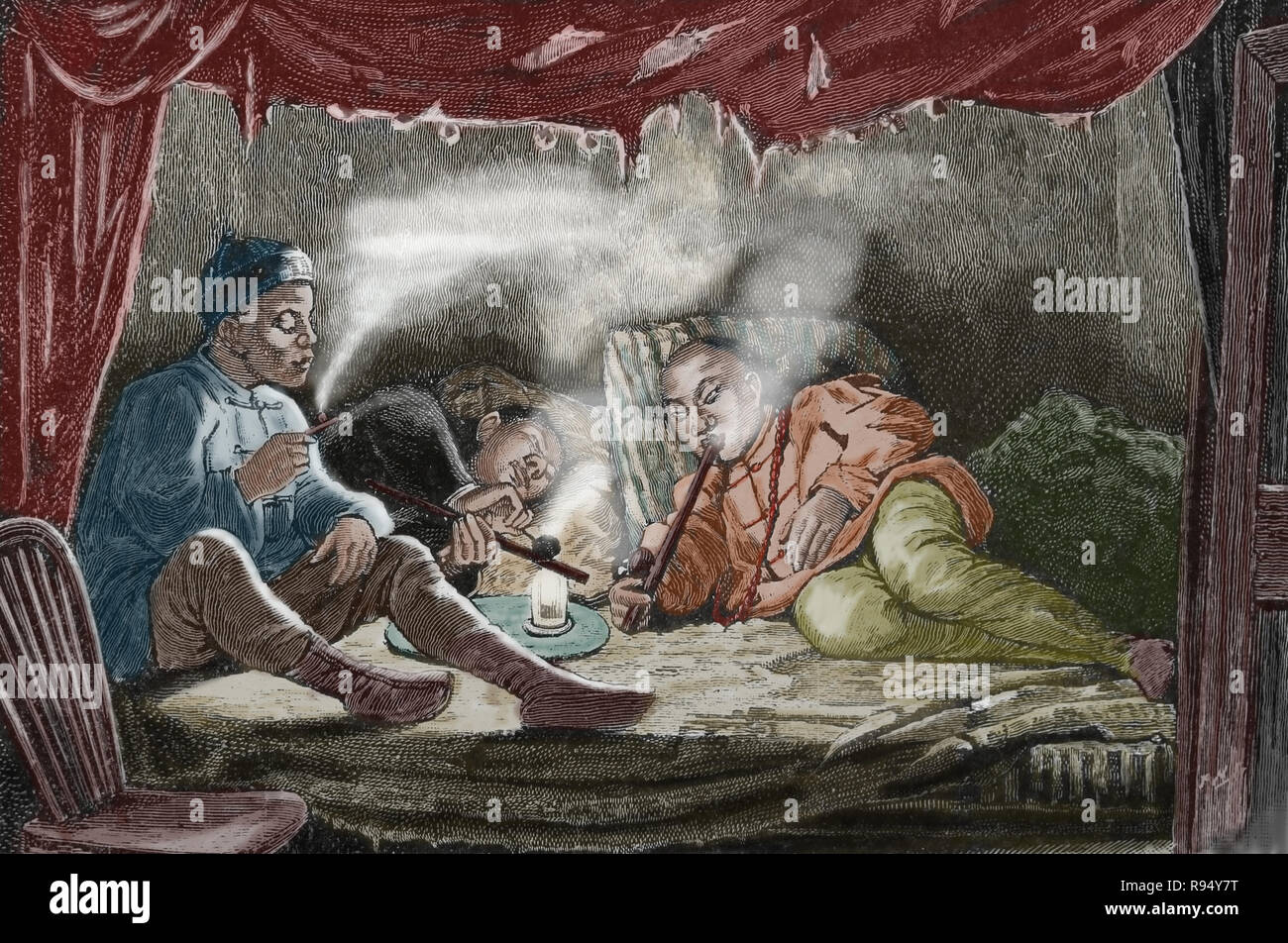 Opium opium Raucher in einer Höhle. Gravur, 19. Stockfoto