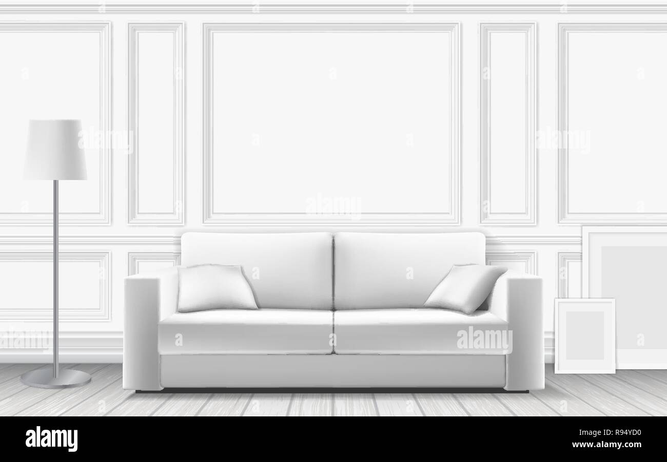 Modernes Sofa auf dem Hintergrund der weißen Wand mit molding Panels eingerichtet. Parkettboden und weiße Wand. Vector ausführliche realistische Abbildung. Stock Vektor